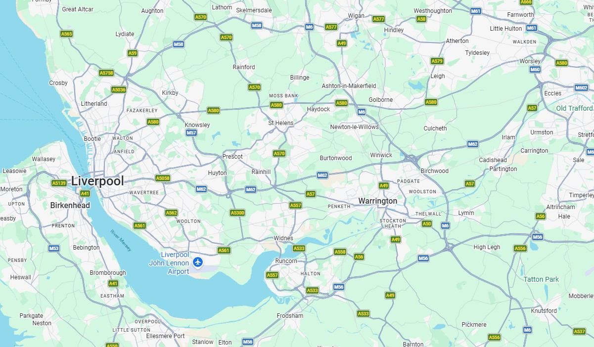 MW Installations coverage area map showing St Helens, Merseyside, Warrington and surrounding areas